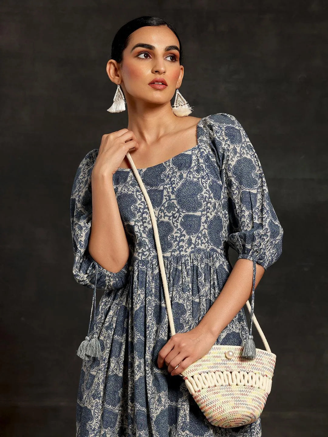 Libas Grey Printed Cotton Fit and Flare Dress
