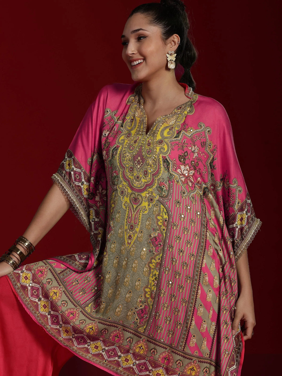 Libas Art Coral Printed Silk Blend Kaftan Kurta With Palazzos