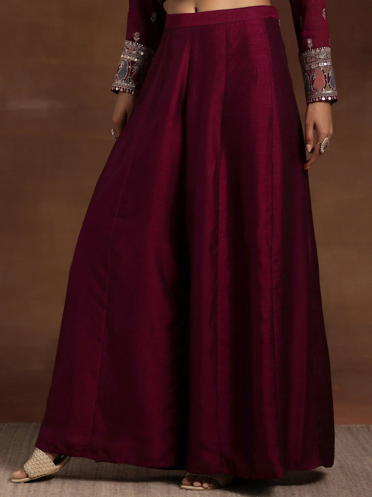 Libas Adaa Wine Embroidered Silk Blend Straight Kurta With Palazzos & Dupatta