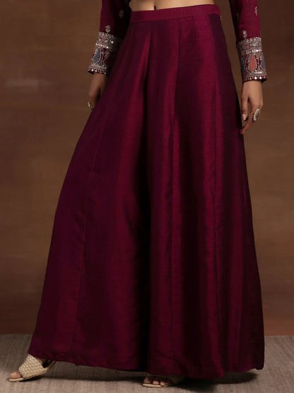 Libas Adaa Wine Embroidered Silk Blend Straight Kurta With Palazzos & Dupatta