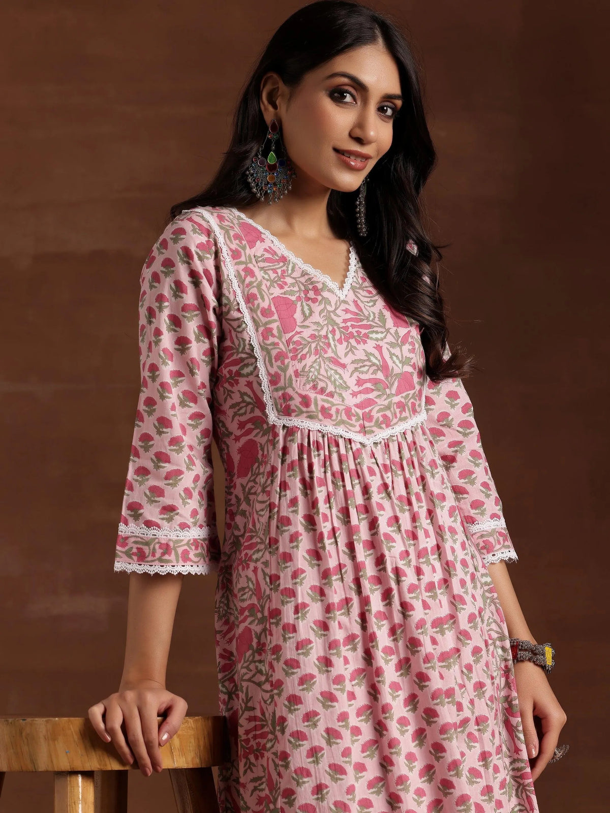 Libas Pink Printed Cotton A-Line Kurta With Palazzos