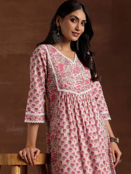 Libas Pink Printed Cotton A-Line Kurta With Palazzos