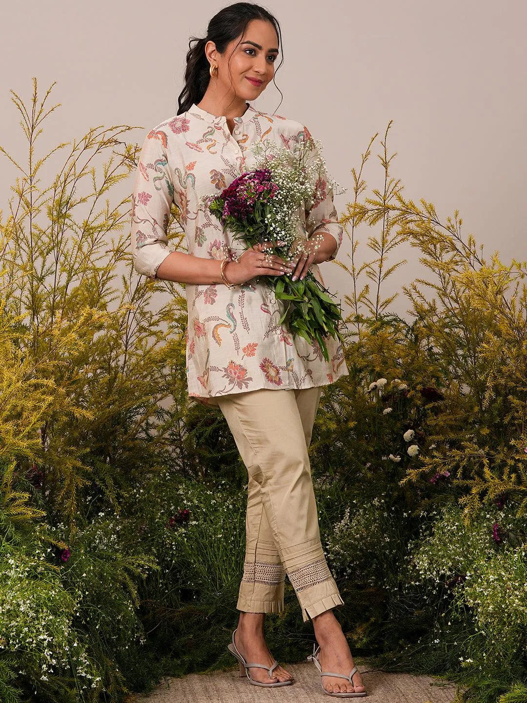 Libas Beige Printed Silk Blend A-Line Kurti