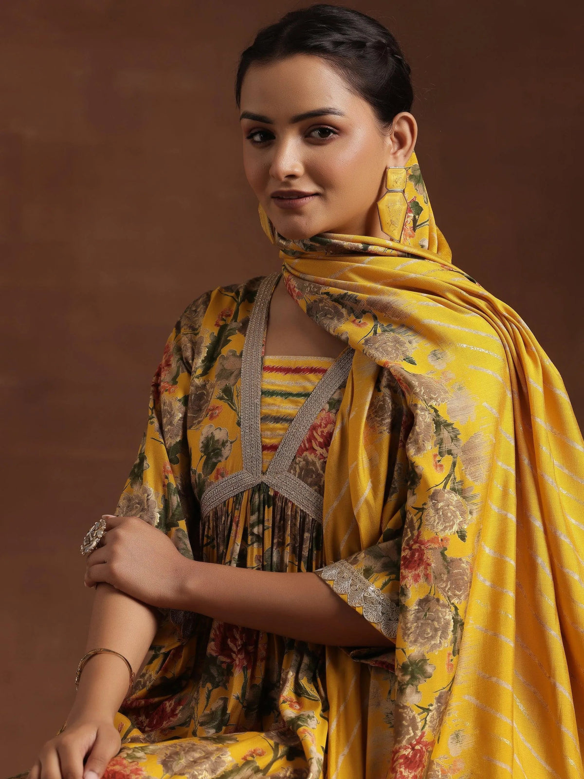 Gerua Yellow Printed Silk Blend A-Line Kurta With Trousers & Dupatta