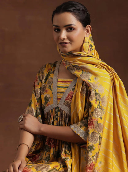 Gerua Yellow Printed Silk Blend A-Line Kurta With Trousers & Dupatta