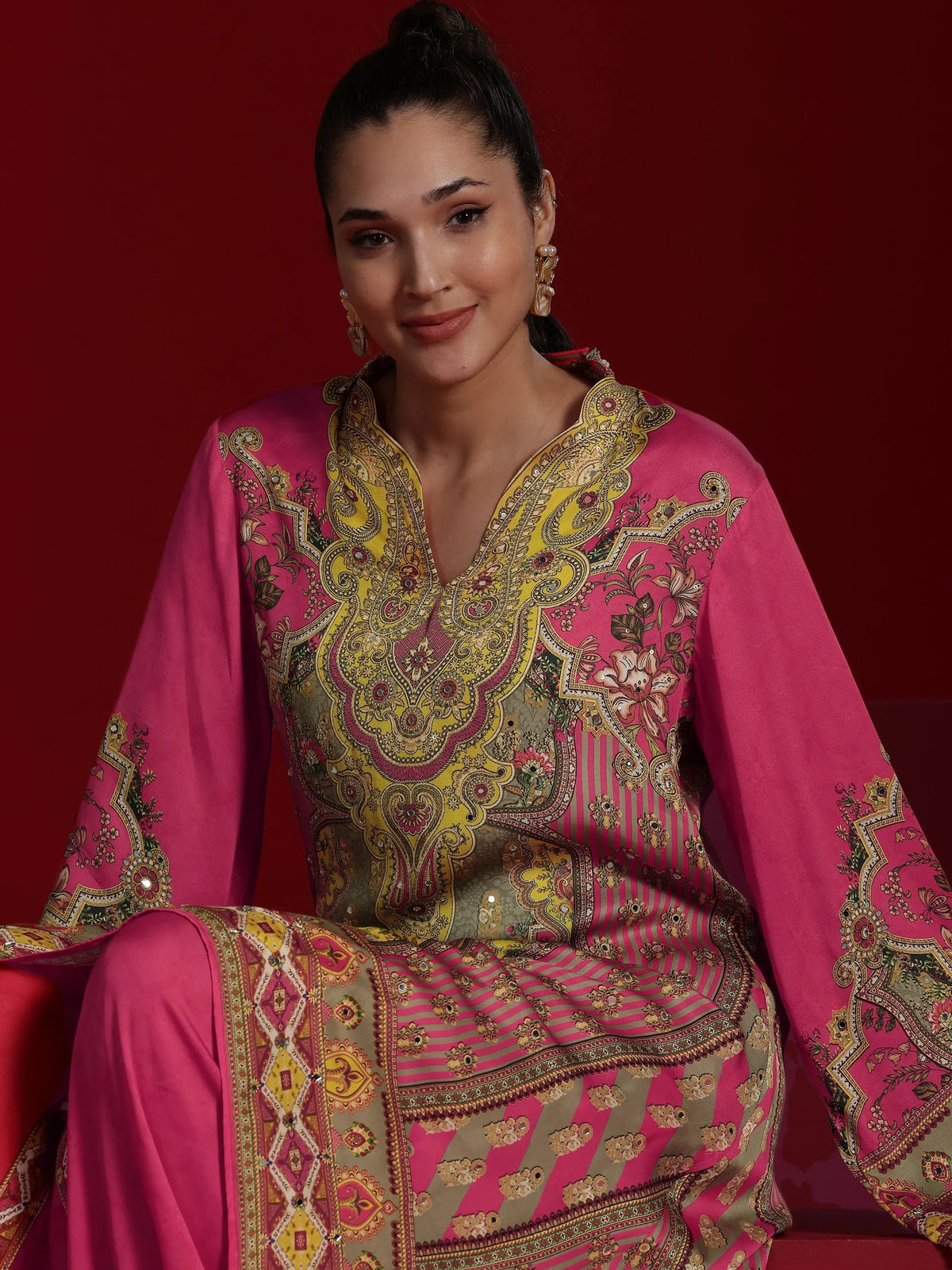 Libas Art Coral Printed Silk Blend Straight Kurta Dhoti Pants