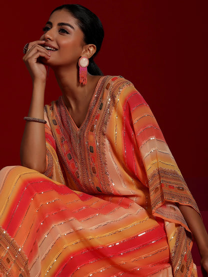 Libas Art Orange Printed Poly Georgette 3 Piece Co-Ords