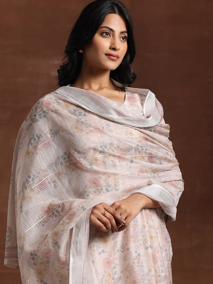 Libas Beige Printed Chanderi Silk Straight Suit With Dupatta