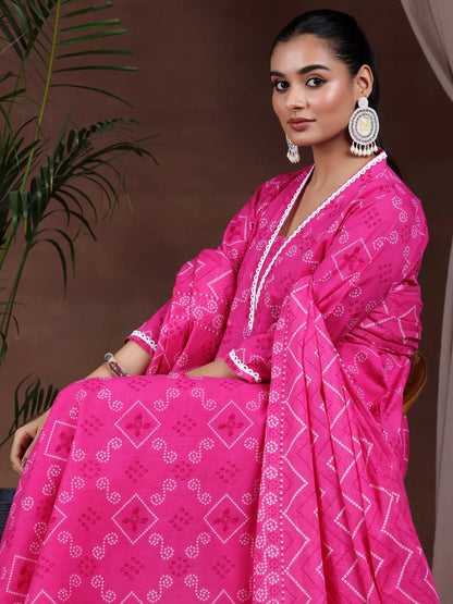 Libas Pink Printed Cotton Anarkali Suit With Dupatta