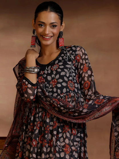 Gerua Black Printed Poly Chiffon A-Line Kurta With Palazzos & Dupatta
