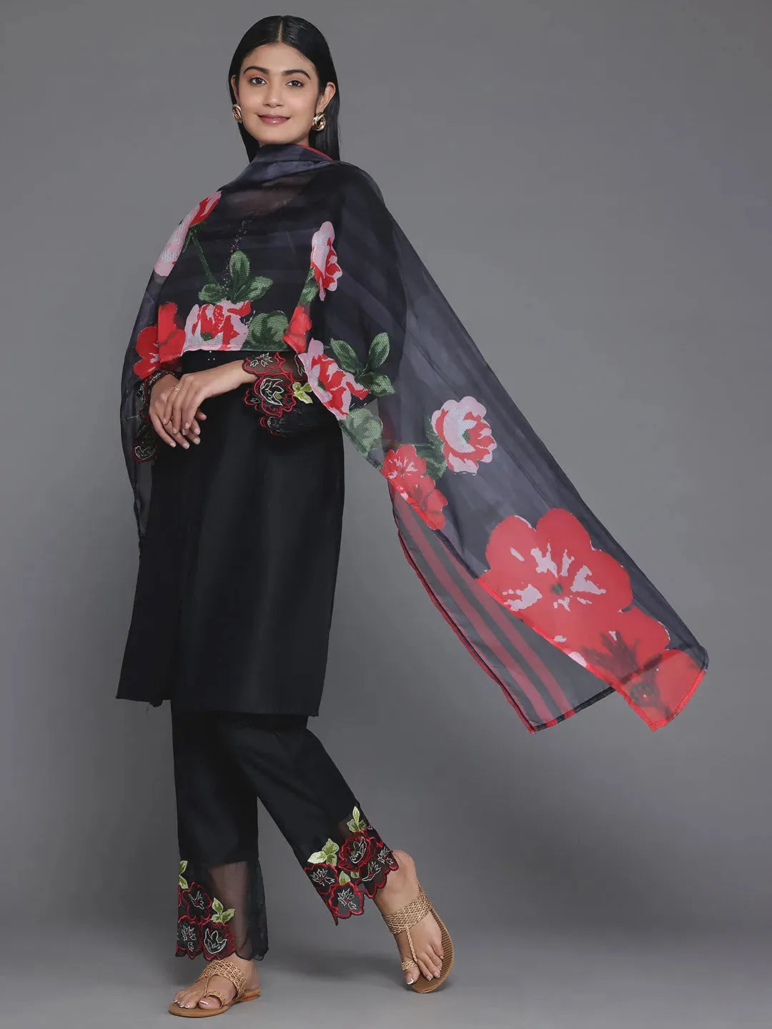 Libas Black Solid Silk Blend Straight Suit With Dupatta