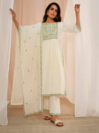 Gerua Off White Yoke Design Cotton Blend A-Line Kurta With Palazzos & Dupatta