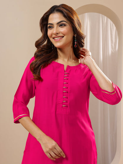 Gerua Pink Solid Silk Blend Straight Suit Sets With Dupatta