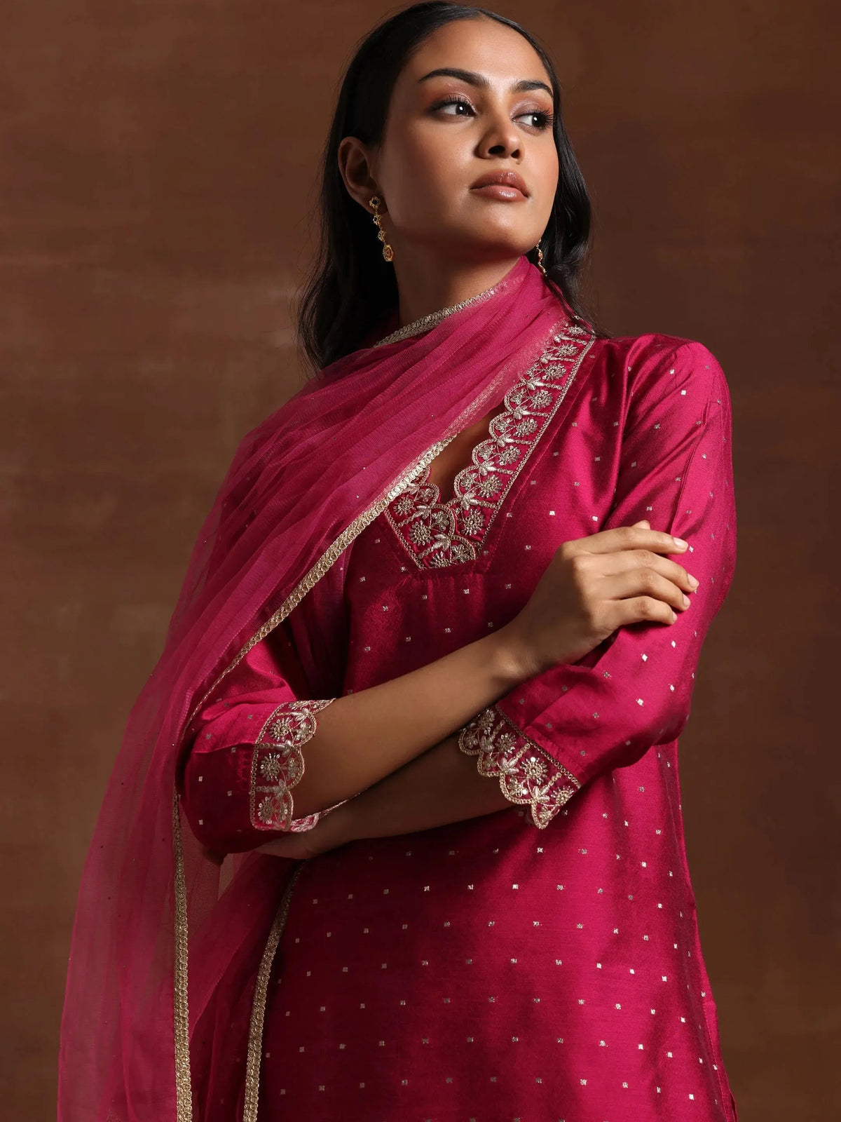 Libas Pink Self Design Silk Blend Straight Suit With Dupatta