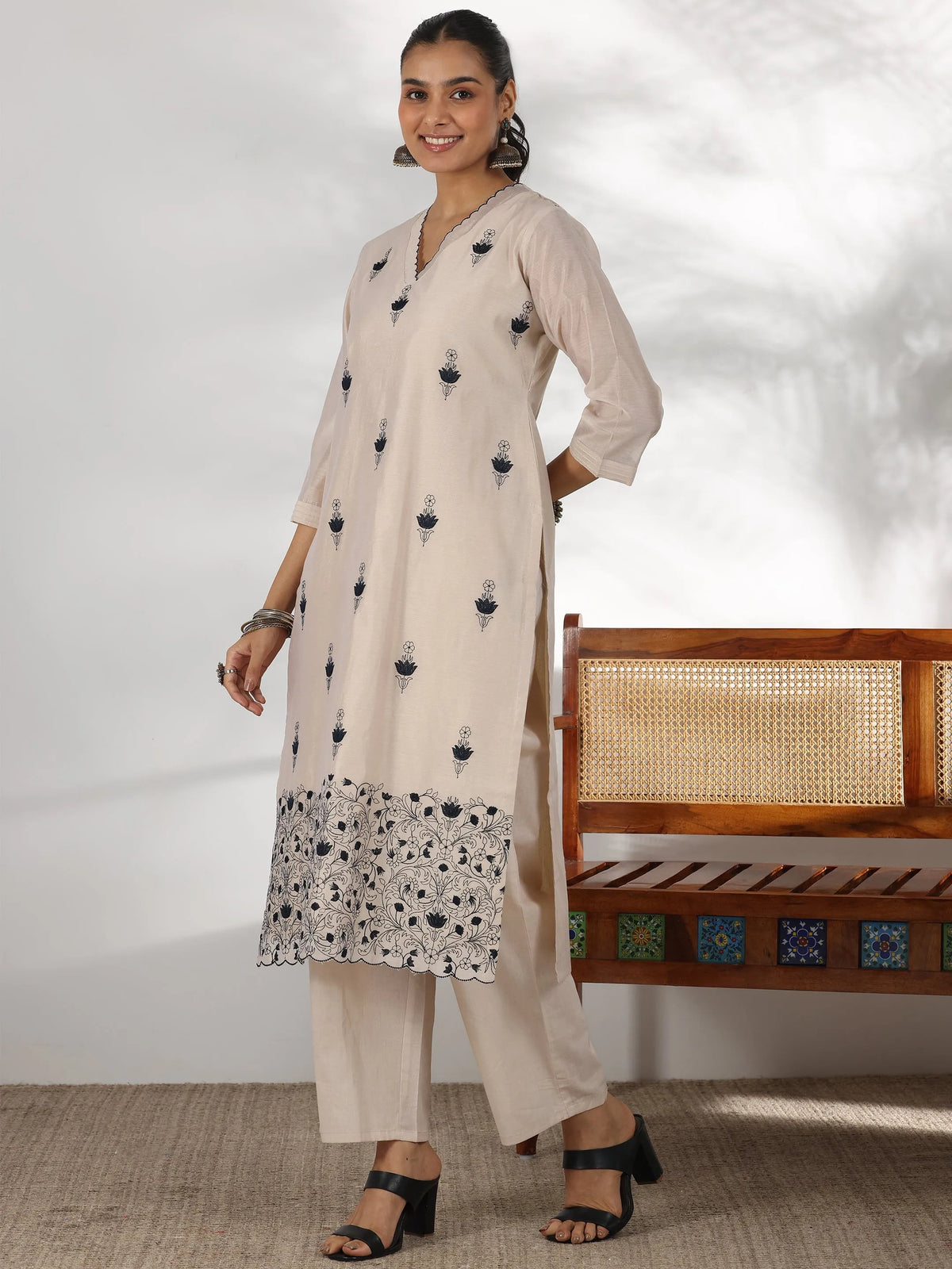 Libas Beige Embroidered Chanderi Silk Straight Suit With Dupatta