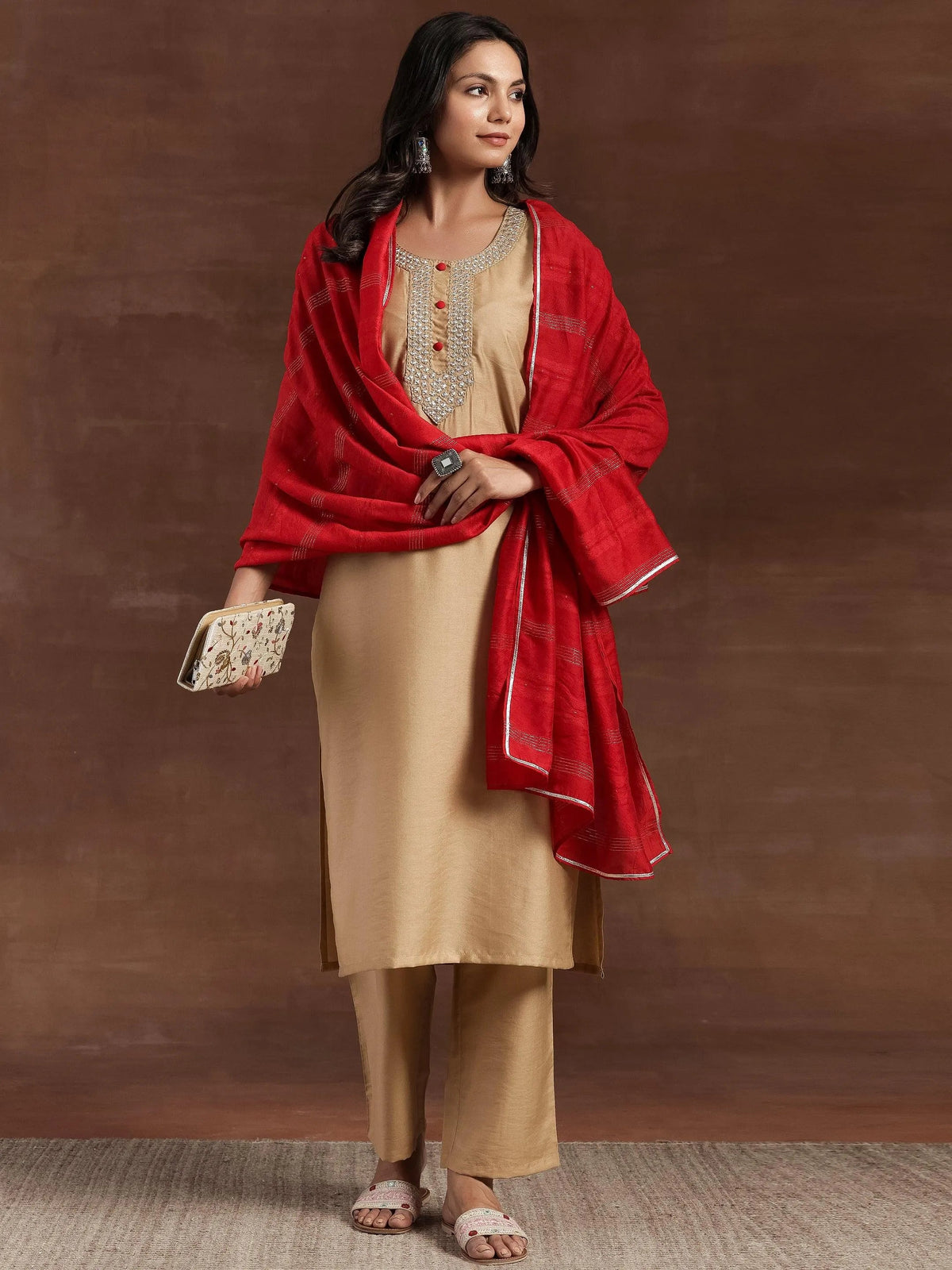 Libas Beige Yoke Design Silk Blend Straight Kurta With Trousers & Dupatta