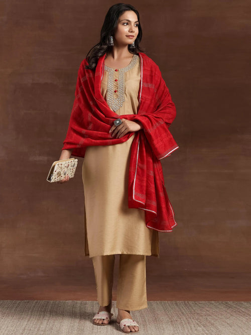 Libas Beige Yoke Design Silk Blend Straight Kurta With Trousers & Dupatta