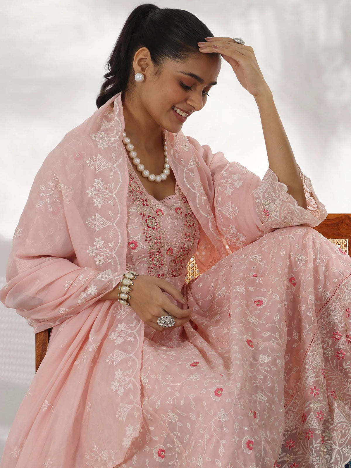 Libas Pink Embroidered Organza Anarkali Suit With Dupatta