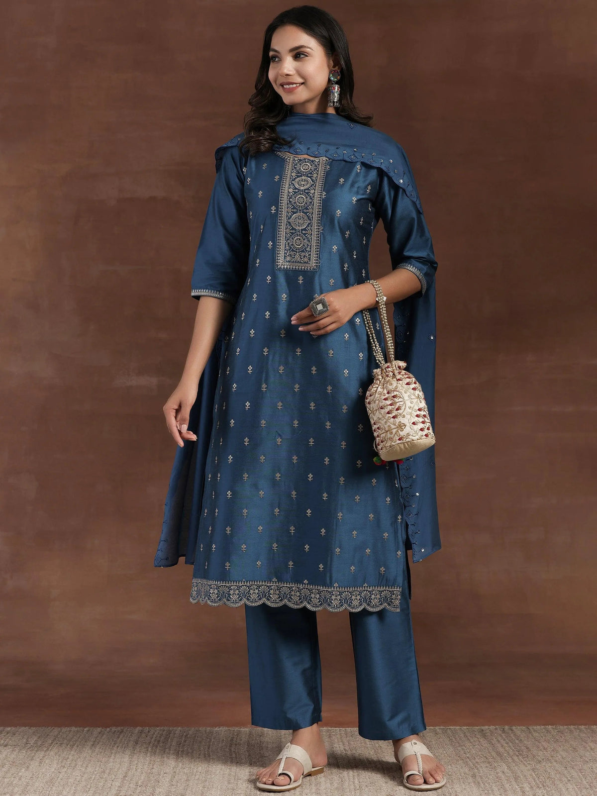 Gerua Blue Embroidered Silk Blend Straight Suit With Dupatta