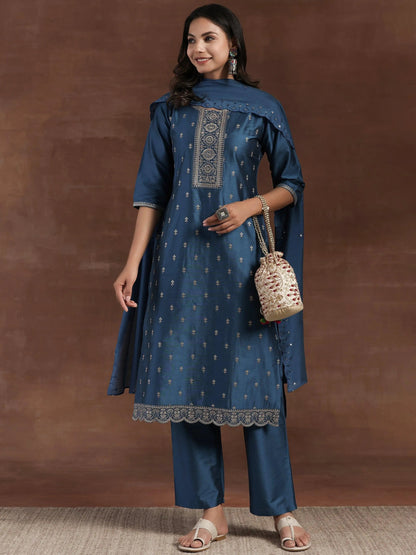 Gerua Blue Embroidered Silk Blend Straight Suit With Dupatta
