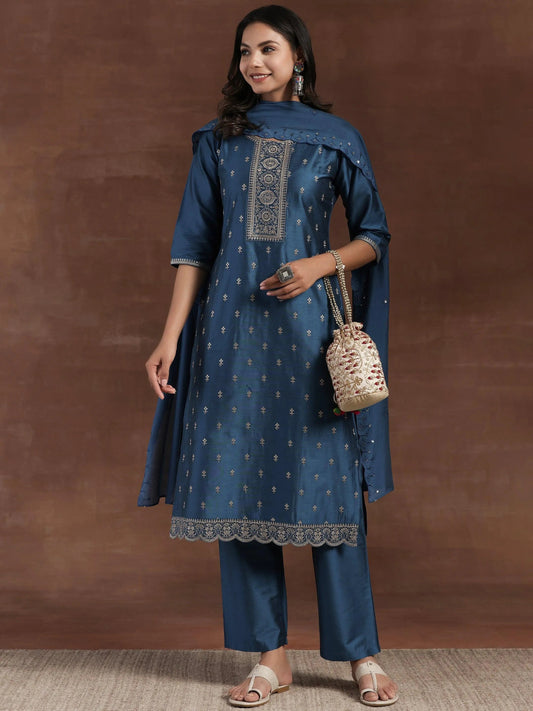 Gerua Blue Embroidered Silk Blend Straight Suit With Dupatta