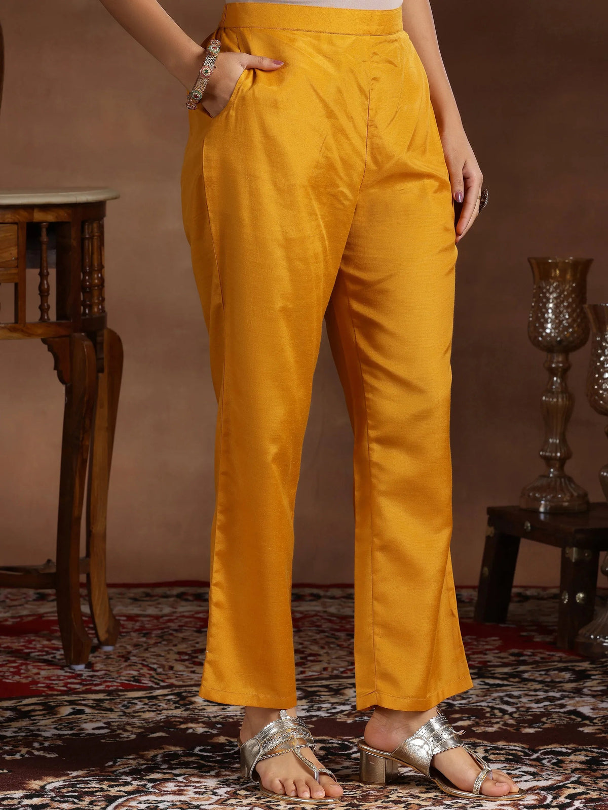 Libas Mustard Printed Silk Blend Straight Suit With Dupatta