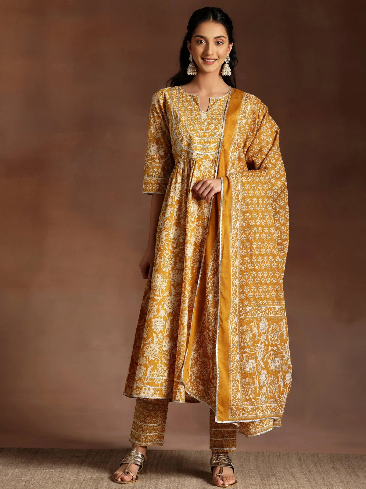 Libas Mustard Printed Cotton Anarkali Suit With Dupatta
