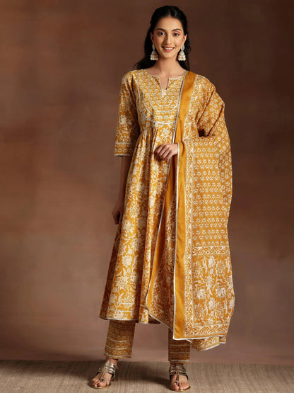Libas Mustard Printed Cotton Anarkali Suit With Dupatta