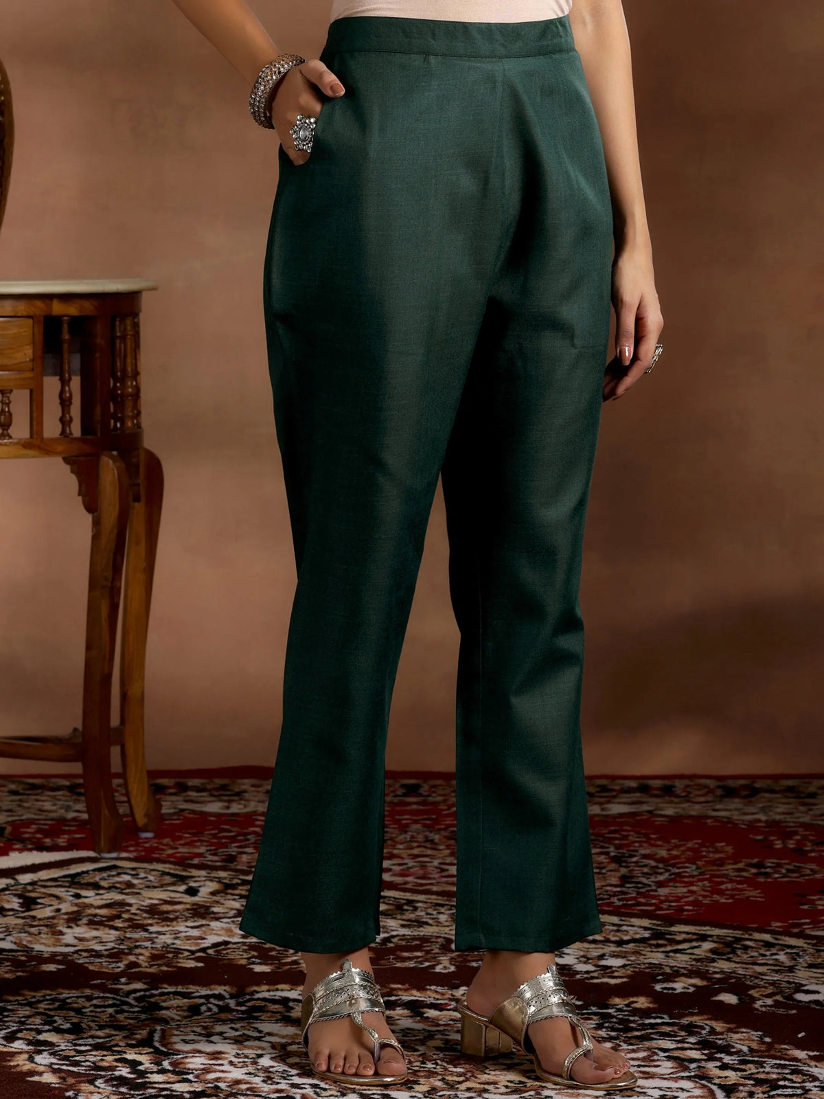 Gerua Green Solid Cotton Blend Straight Suit With Dupatta