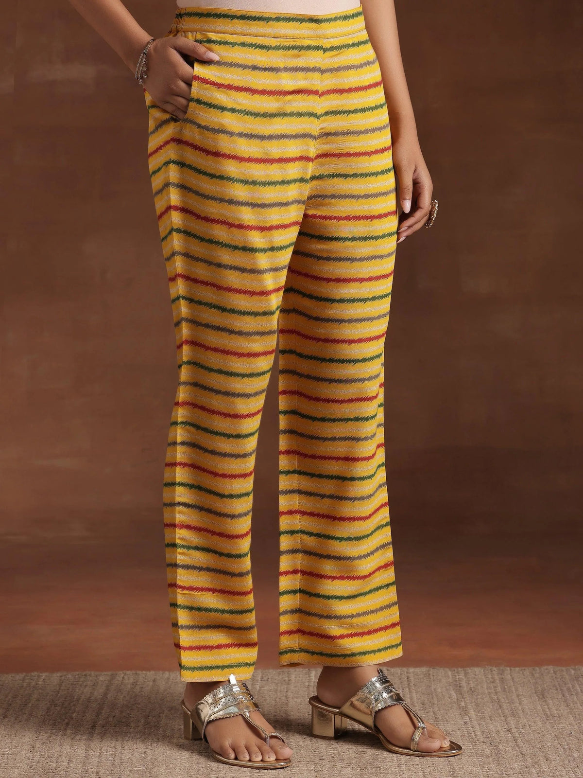 Gerua Yellow Printed Silk Blend A-Line Kurta With Trousers & Dupatta
