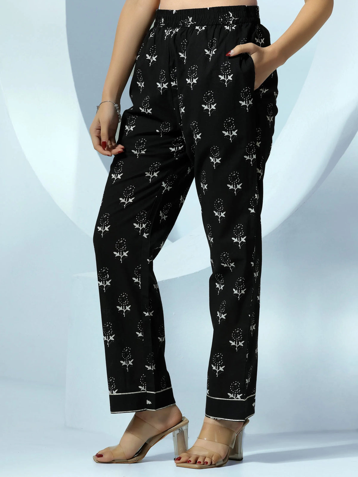 Libas Black Printed Cotton A-Line Kurta With Palazzos