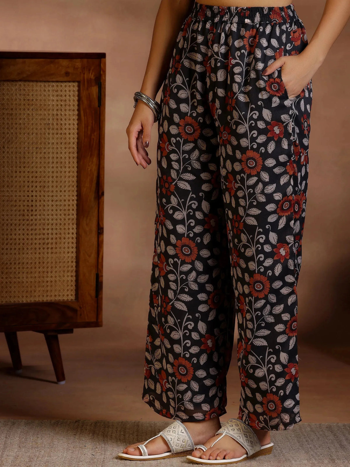 Gerua Black Printed Poly Chiffon A-Line Kurta With Palazzos & Dupatta