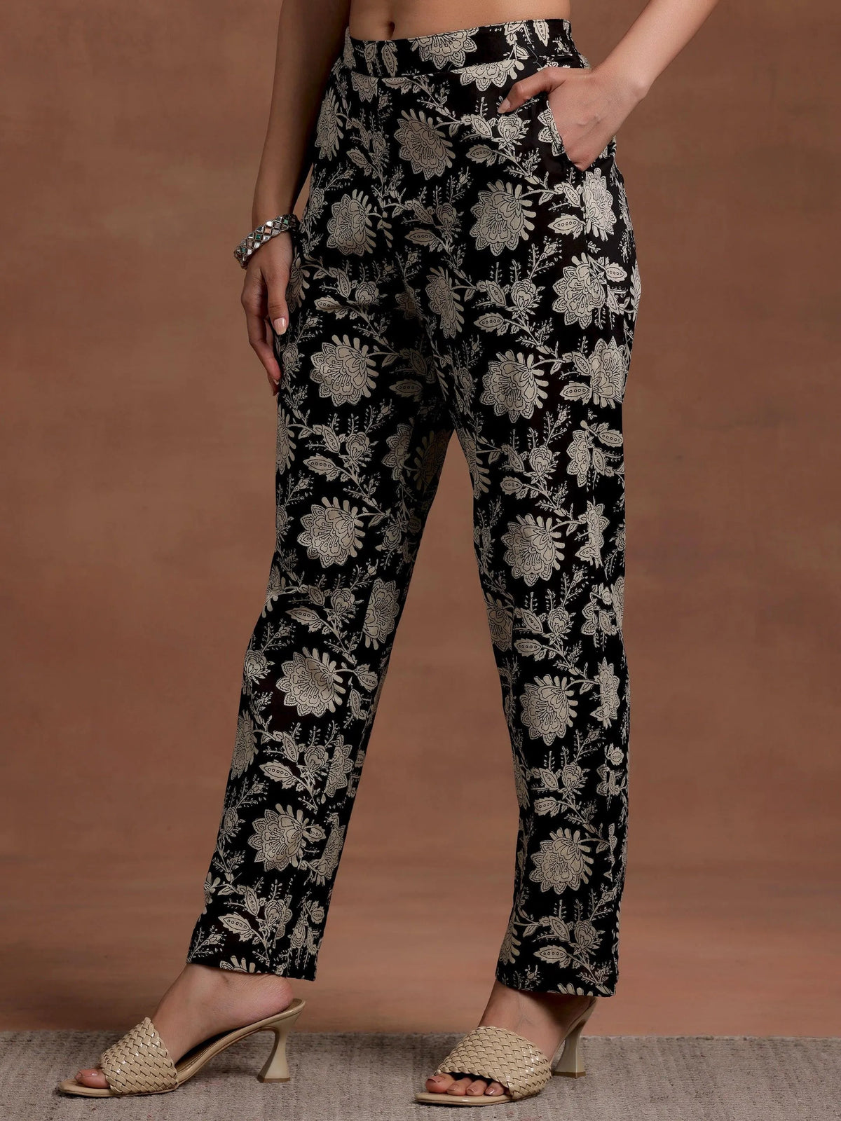 Libas Black Printed Cotton A-Line Kurta With Palazzos