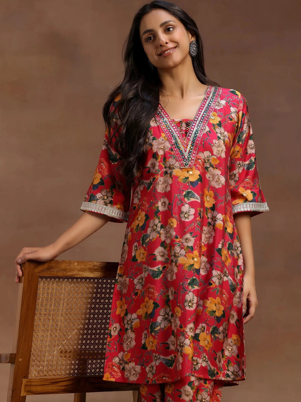 Libas Pink Printed Silk Blend Co-Ords