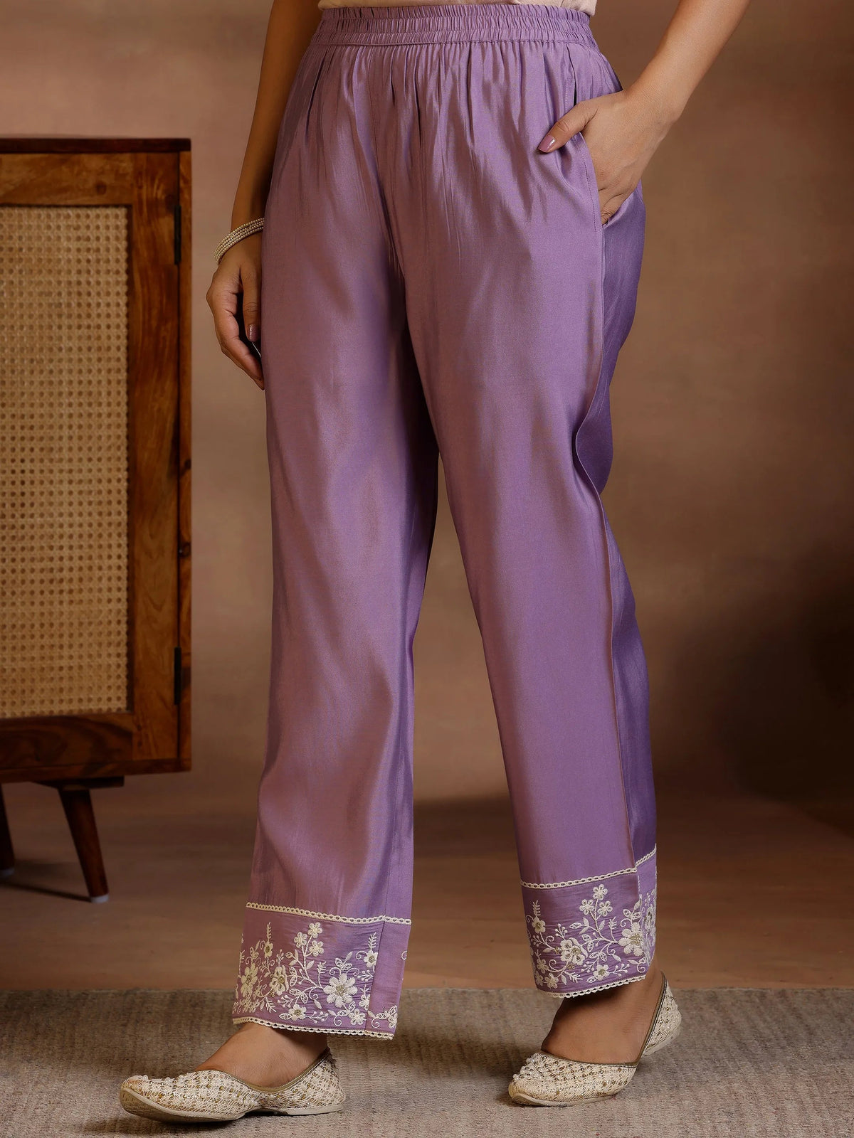 Libas Mauve Embroidered Silk Blend Straight Suit With Dupatta