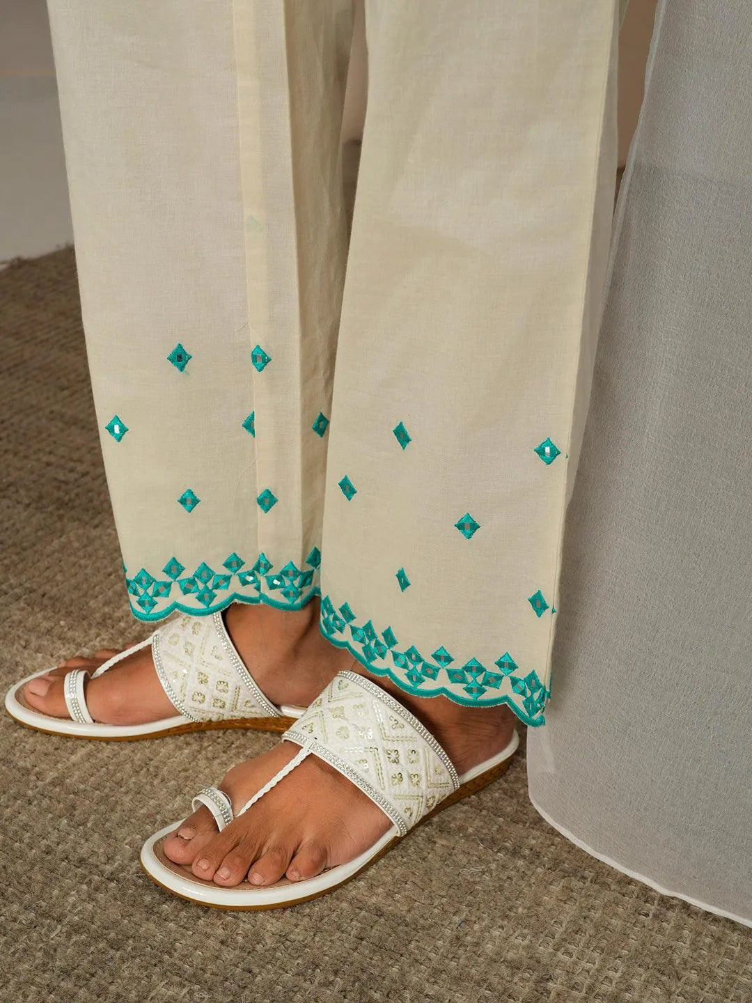 Libas Off White Embroidered Cotton Anarkali Suit With Dupatta