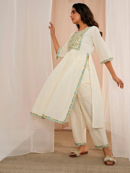 Gerua Off White Yoke Design Cotton Blend A-Line Kurta With Palazzos & Dupatta