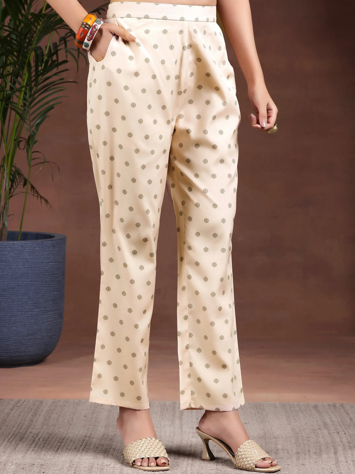 Libas Beige Printed Poly Crepe Straight Kurta Set