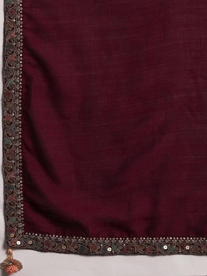 Libas Adaa Wine Embroidered Silk Blend Straight Kurta With Palazzos & Dupatta