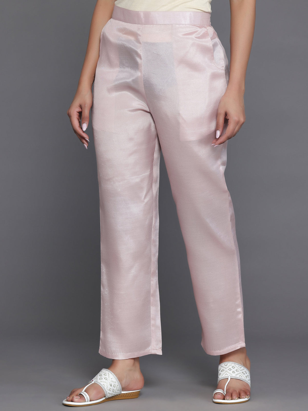 Libas Peach Printed Silk Blend A-Line Kurta With Trousers