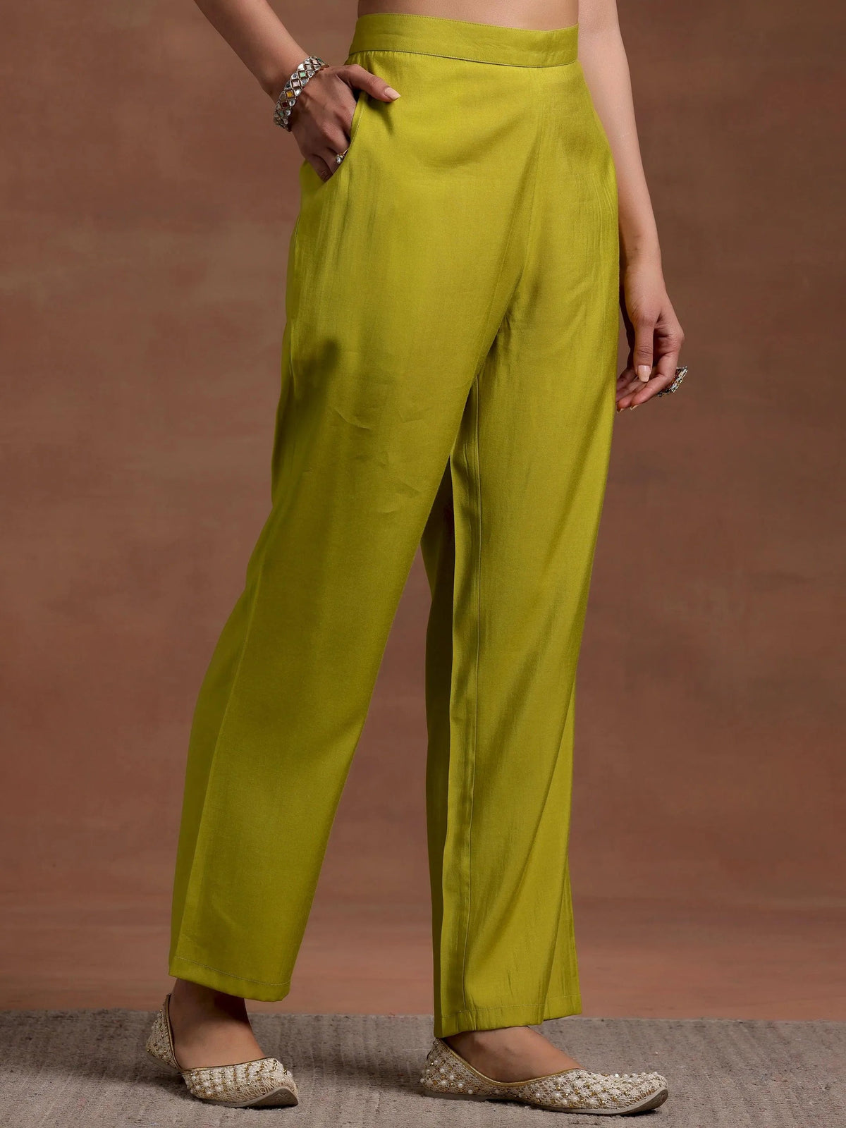 Gerua Olive Solid Silk Blend A-Line Kurta With Trousers & Dupatta
