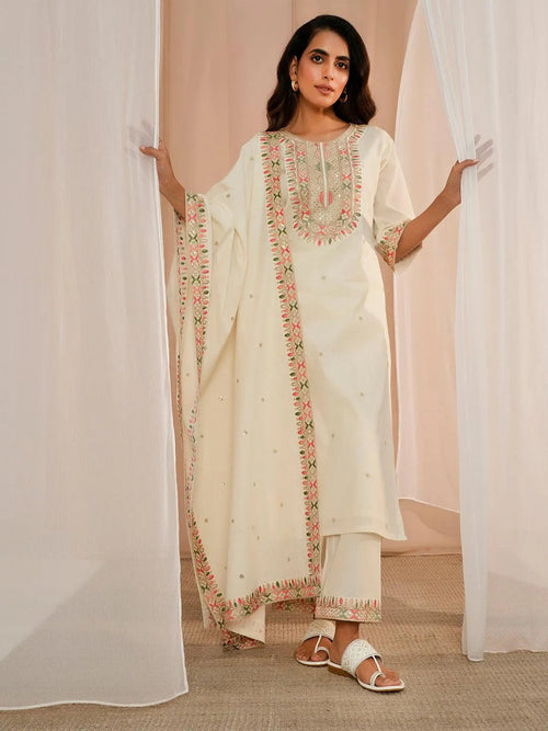 Libas Off White Embroidered Cotton Straight Suit With Dupatta
