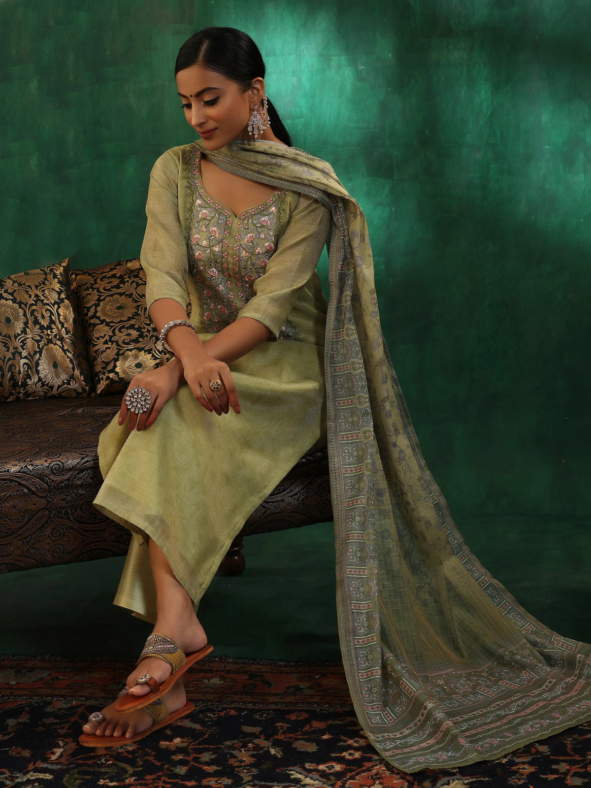 Libas Green Yoke Design Silk Blend Straight Suit With Dupatta