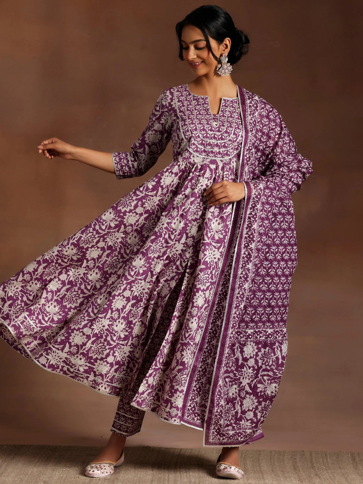 Libas Purple Printed Cotton Anarkali Suit With Dupatta