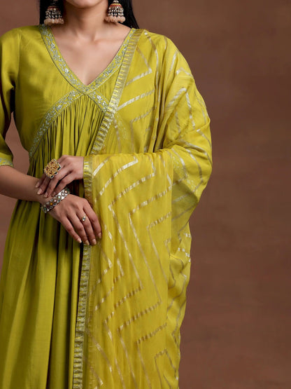 Gerua Olive Solid Silk Blend A-Line Kurta With Trousers & Dupatta