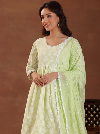 Libas Green Embroidered Pure Cotton A-Line Kurta With Salwar & Dupatta