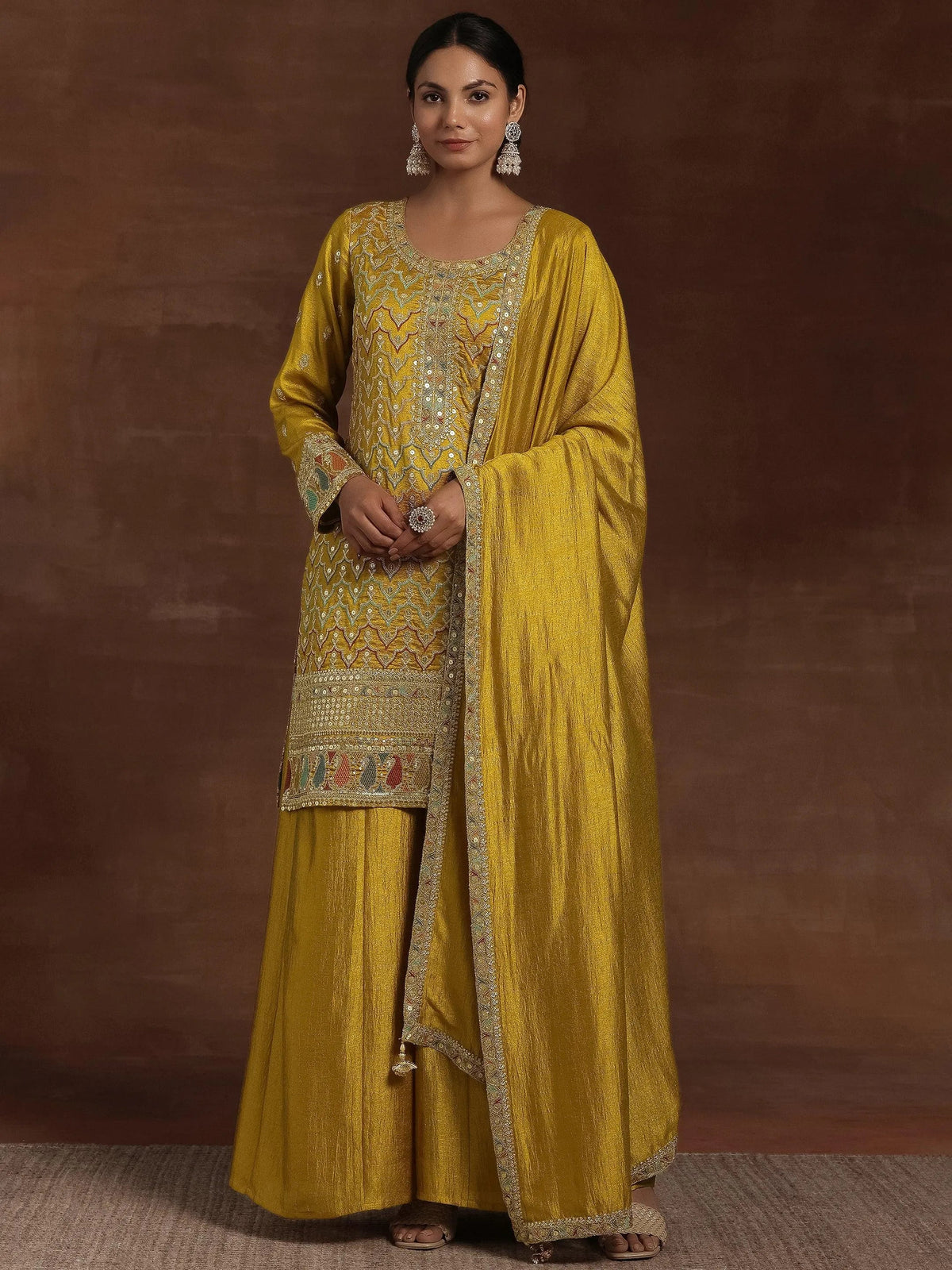 Libas Adaa Mustard Embroidered Silk Blend Straight Kurta With Palazzos & Dupatta