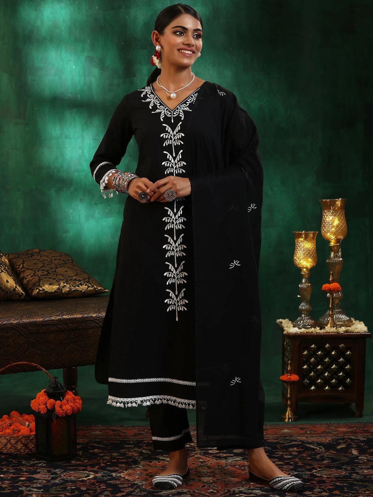 Gerua Black Embroidered Cotton Blend Straight Suit With Dupatta