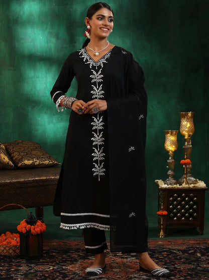 Gerua Black Embroidered Cotton Blend Straight Suit With Dupatta