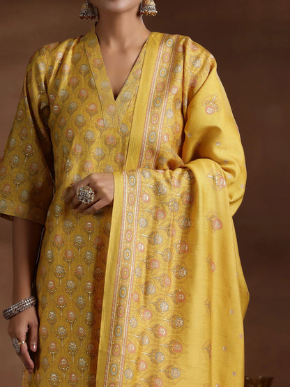 Libas Mustard Printed Silk Blend Straight Suit With Dupatta